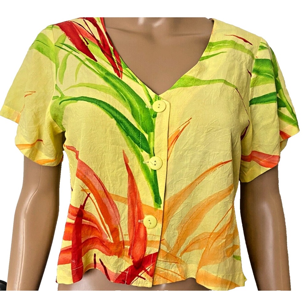 JAMS WORLD Cropped Yellow Orange Hawaiian Rush Rushes Crinkle Rayon Top sz S